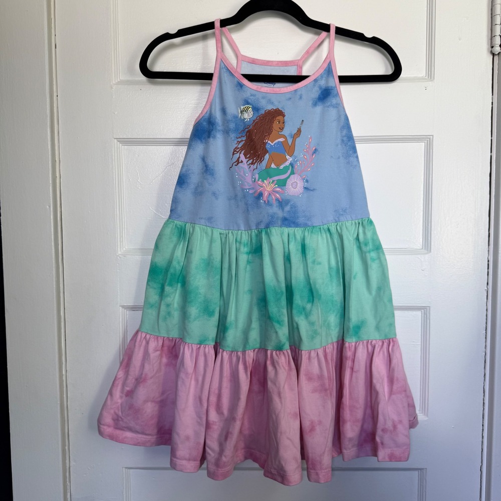 Disney Little Mermaid Ariel Tie Dye Tiered Dress Kids 9/10 Blue Pink Pockets